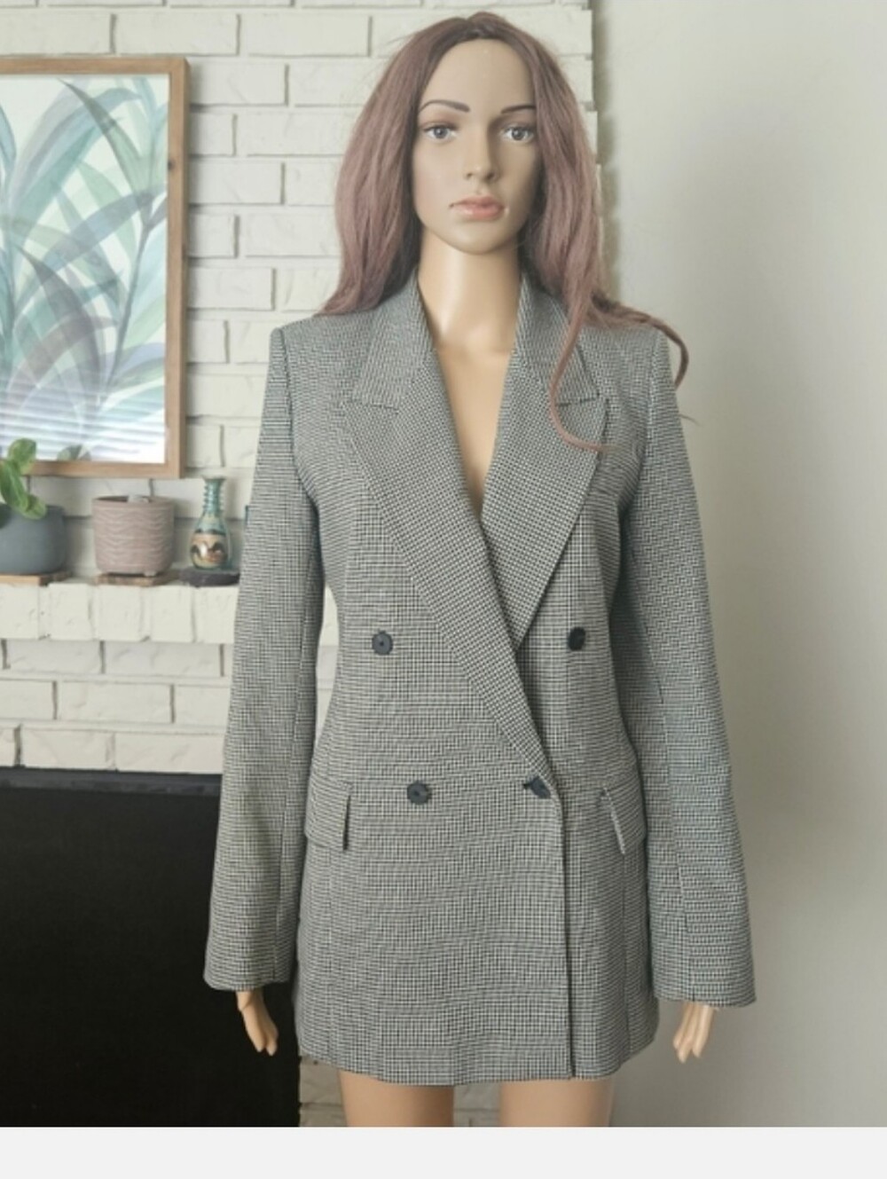 Zara Blazer Coat Gingham Plaid Women's Double Breasted Gray